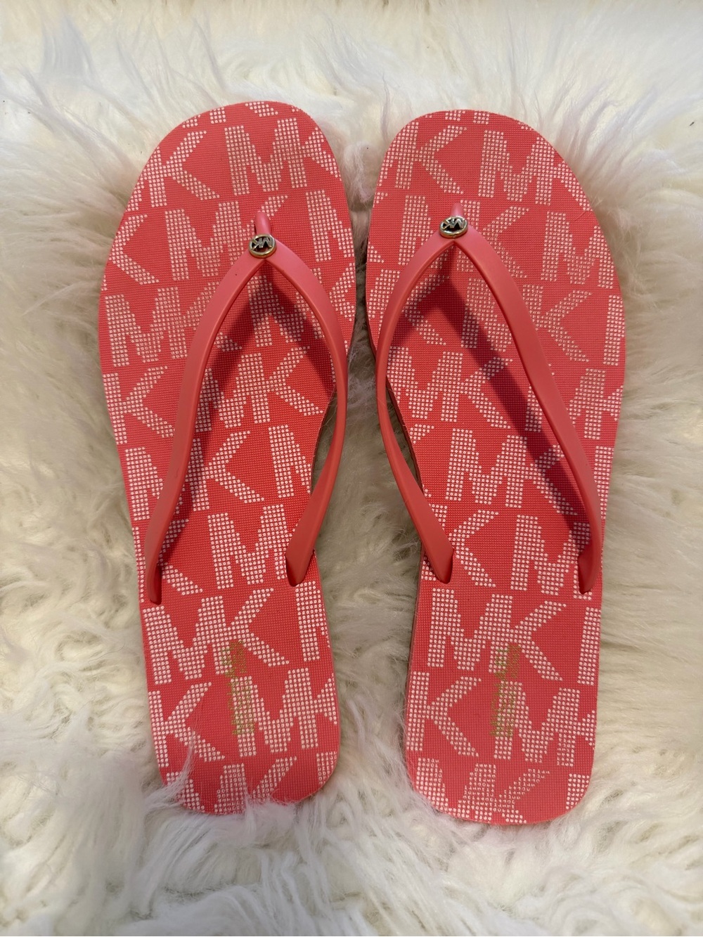Michael Kors Pink Coral MK Logo Flip Flops with Gold Accent